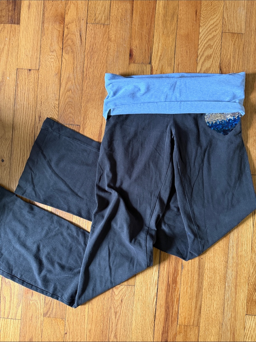 VS PINK Black Fold-Over Waist Yoga Pants with Blue Sequins